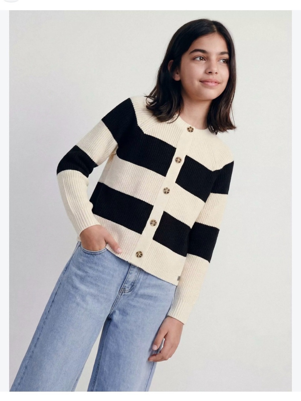 Striped Black and Cream Button-Front Kids Sweater Cardigan